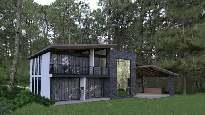 Vista exterior de cabana en el bosque